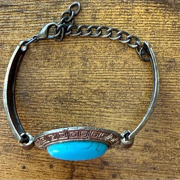 Celtic Tribal Inspired Etched Metal Bracelet Brass Tone Faux Turquoise Clasp - Picture 3 of 6